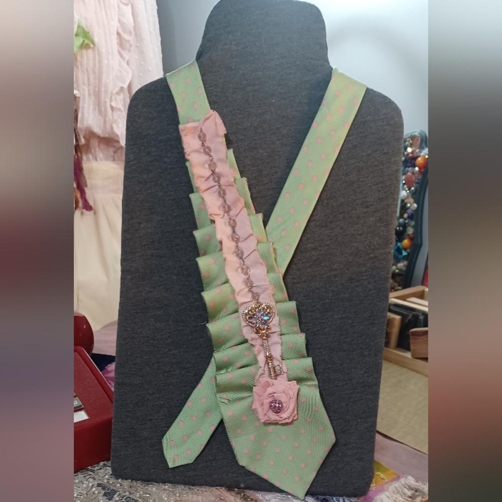 Handmade Vintage  Upcycled Necktie Pink and Green Accessory with Floral Detail